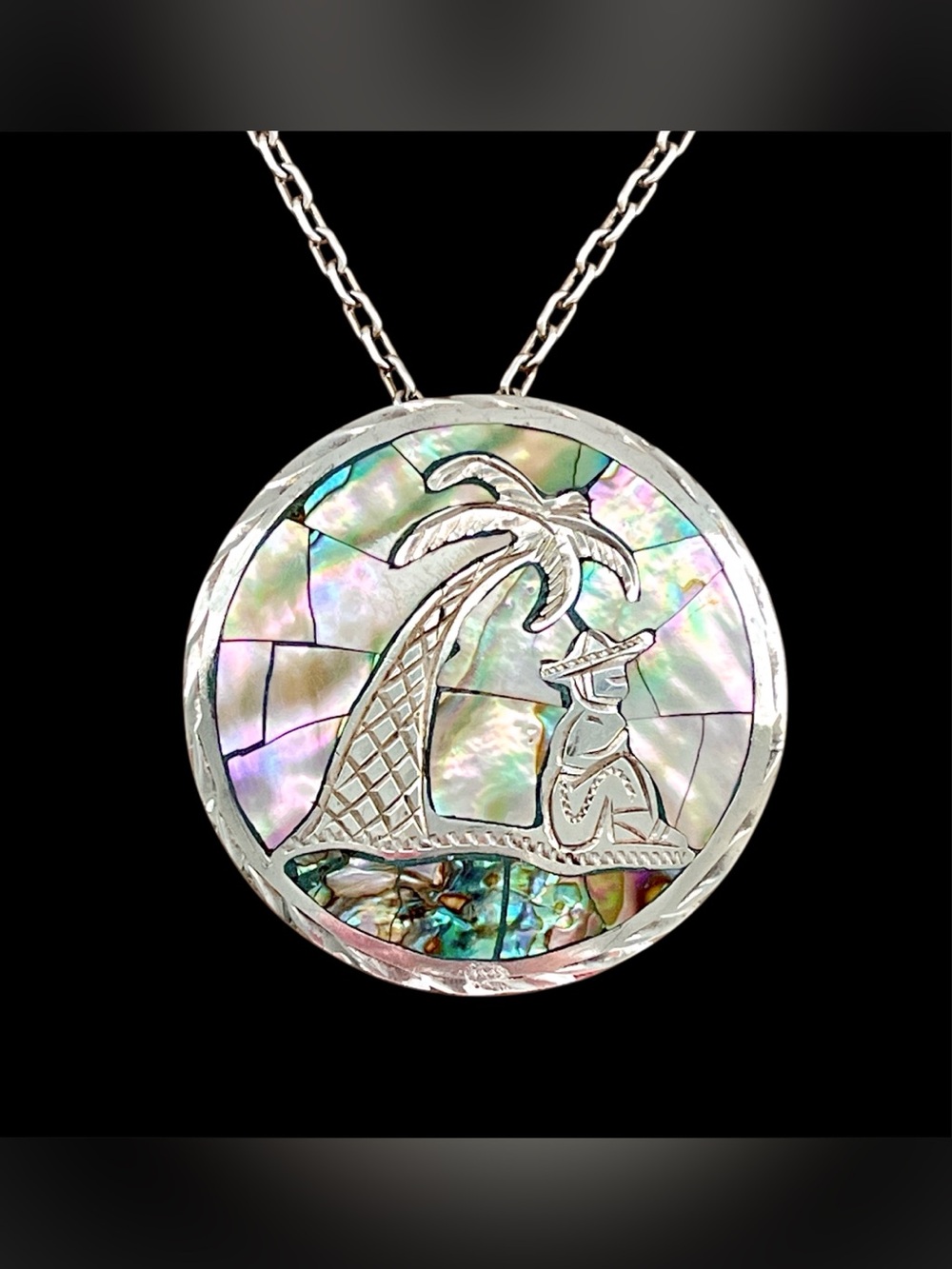 Vintage Mexico Sterling Silver Abalone Inlay Siesta Palm Pendant Brooch
